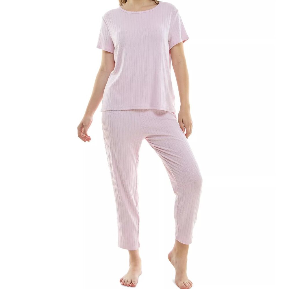 Roudelain Women's 2-Piece Pointelle Knit Cropped Pajama Set, Lilac Snow, Medium
